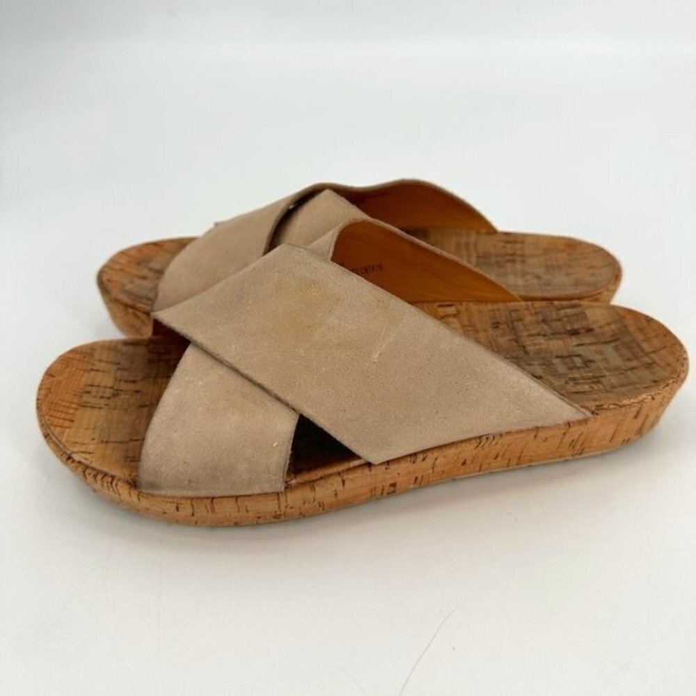 Korks Ease Joly Tan Leather Criss Cross Beach Boho Platform Cork Slide 9 Sandals